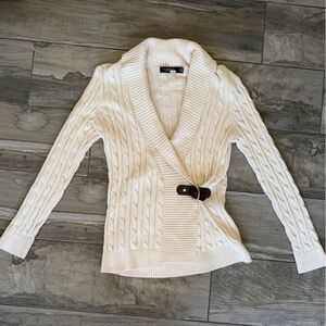 Lauren Ralph Lauren Ivory Cable Wrap Cardigan with Brown Buckle